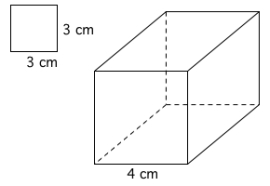 Kvadratet har side 3 cm, mens terningen har sider 4 cm